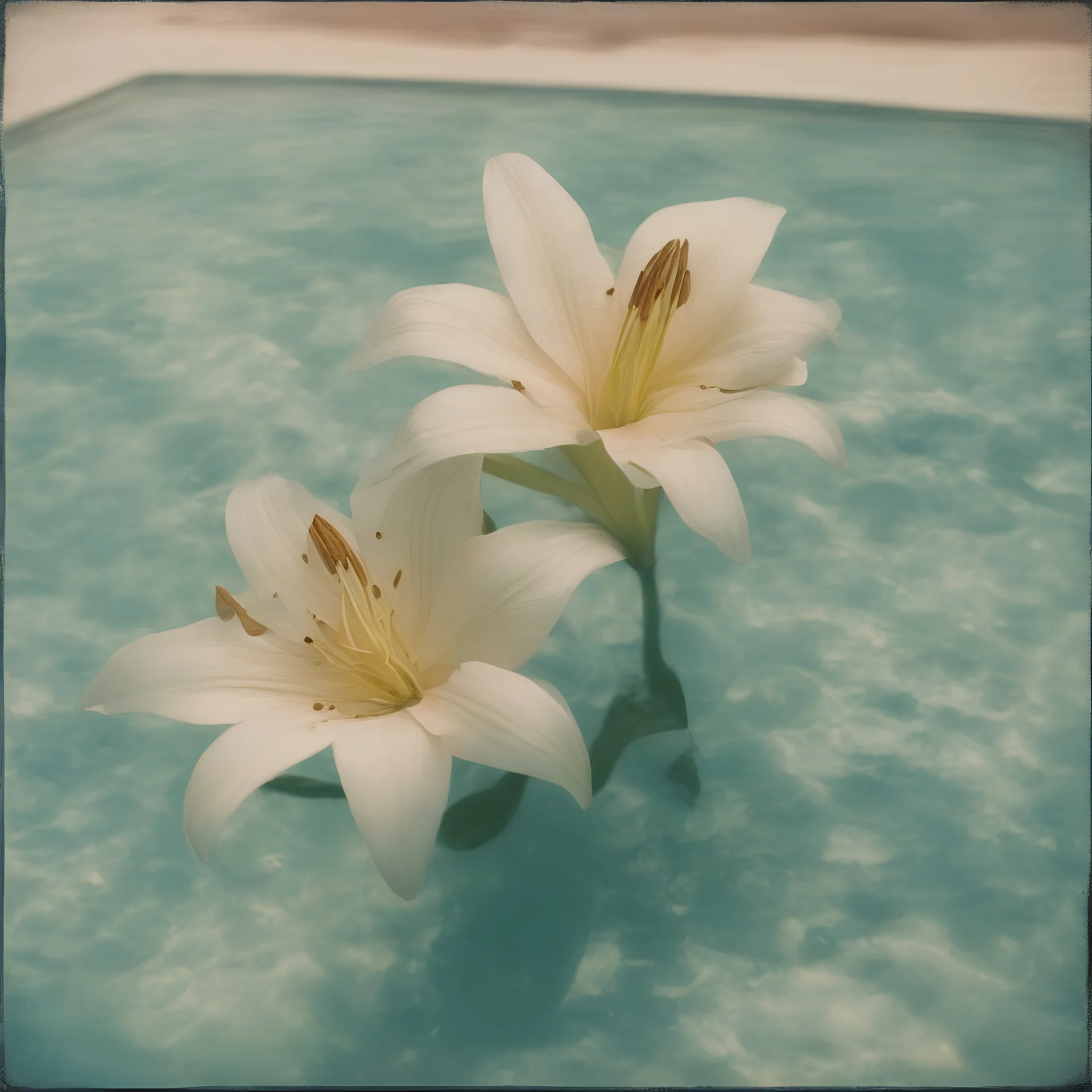 lilies in a swimming pool, old worn polaroid