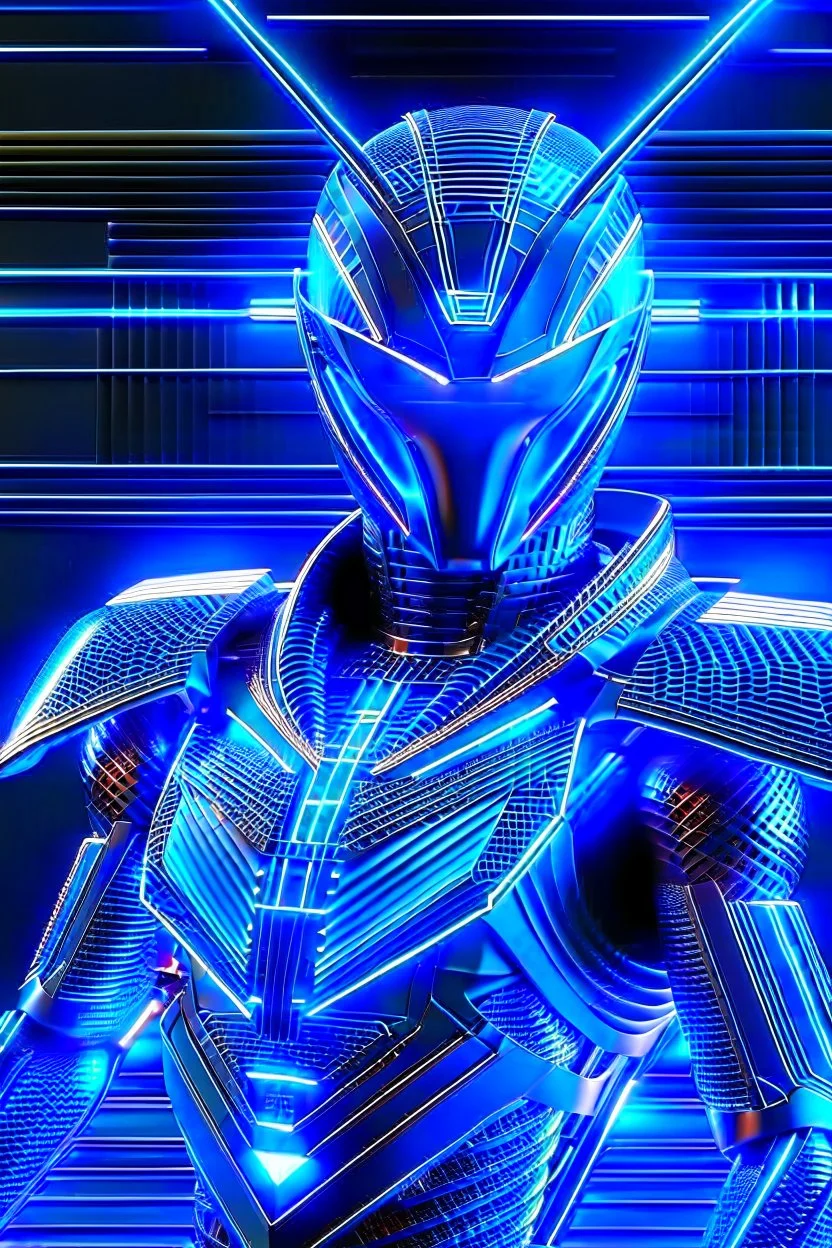 neon blue, flying parts of armor in form of triangles, cyber armor, geometric patterns on armor, male, orbiting triangle