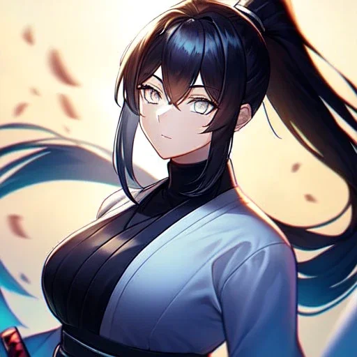 8k, high quality, detailed, beautiful lighting, vibrant colors, black long hair, vibrant white eyes, girl, ponytail, ninja, holding katana