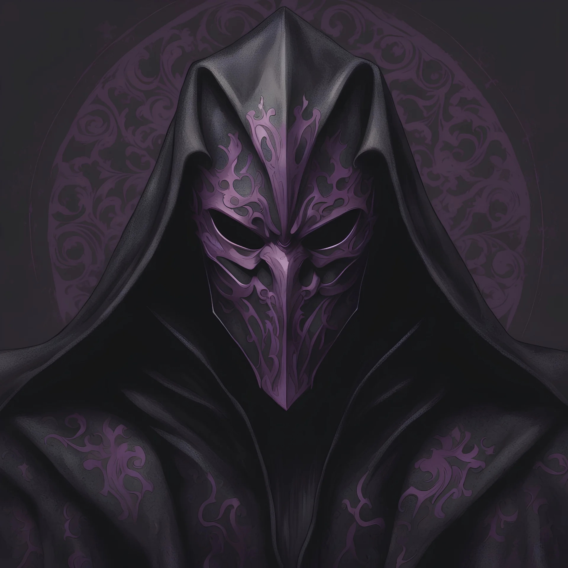 warlock, black mask with ash purple patterns, black robe with ash purple patterns, dark, ominous, ash purple, grey background