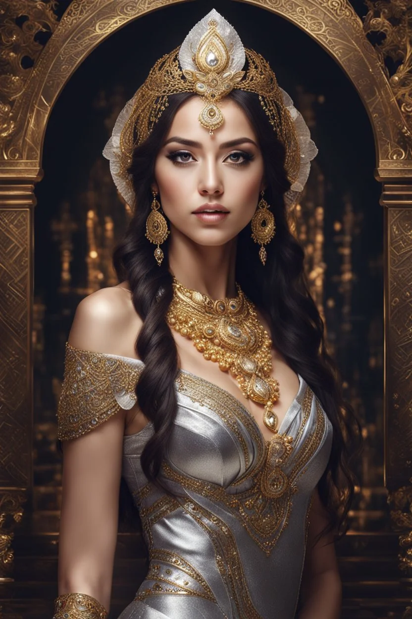 Beautiful Goddess Photo Portrait Fantasycore Artwork, fullbody,wearing traditional golden silver ornaments dress ,Intricate Photography, A Masterpiece