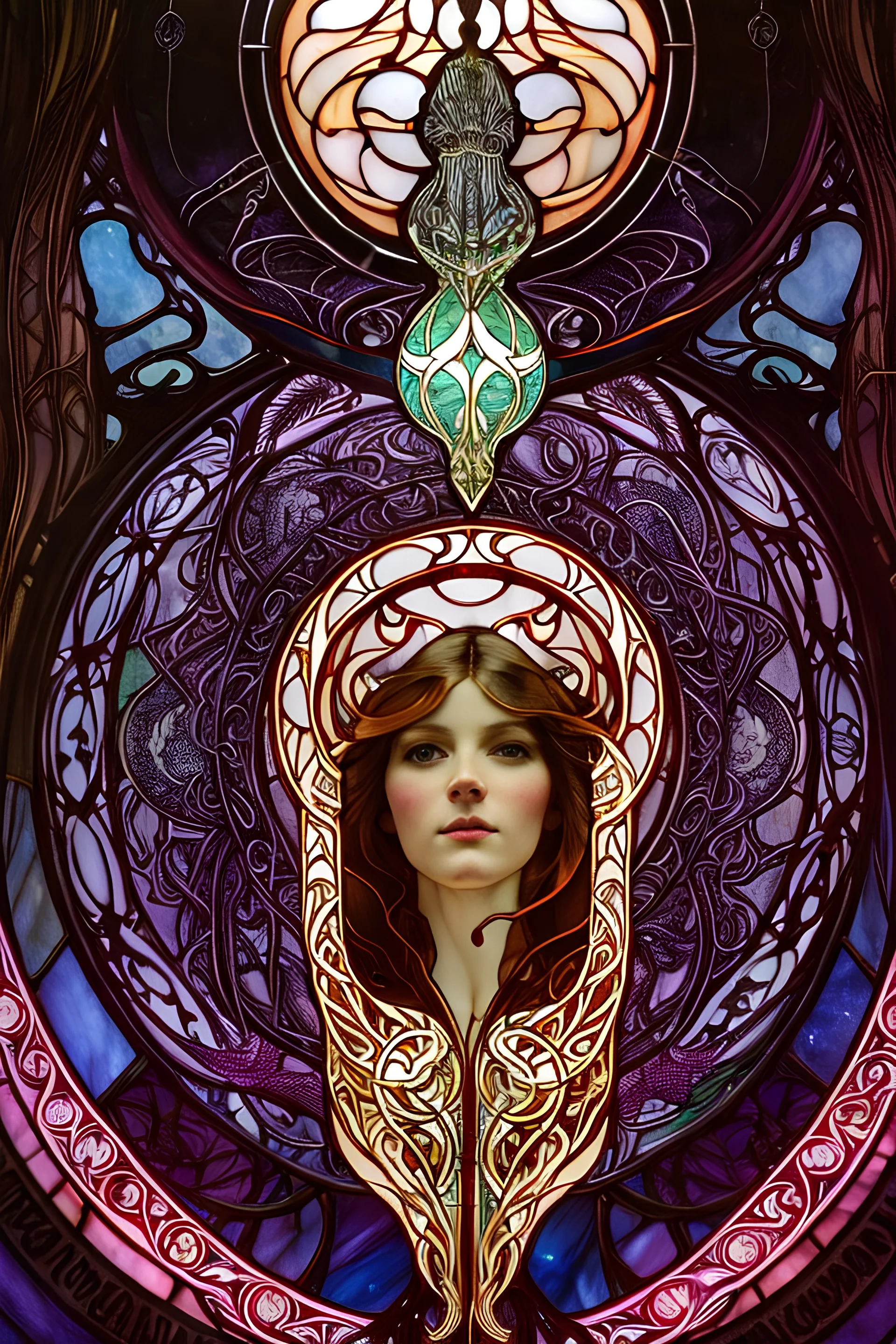 art by Alfons Mucha and Patrick Woodroffe, stained glass motif, bilateral symmetry, Ouroboros, infinity symbol, mystical, mechanistic, metaphysical, serpentine, cosmic, nebula, HD 4K, sharp detail, photo-realistic, octane rendering, award winning photography, cinematic lighting