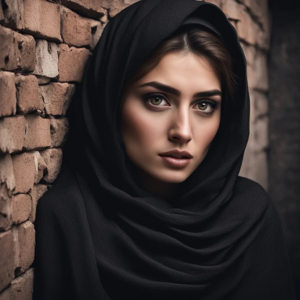 Hyper Realistic Young-Beautiful-Pashto-Women-With-Beautiful-Eyes in black shawl peeking-half-faced from a cracked-brick-wall at night with dramatic & cinematic ambiance