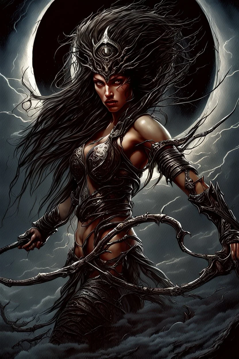 A dramatic digital painting portraying a warrior girl under the Moon, veins pulsing, claws of temptation visible, soul in turmoil. In the style of Luis Royo and Boris Vallejo and Giger, vivid colors, swirling brushstrokes, highly detailed, 8k resolution, surrealistic., juicy emotions, painting, gloomy fantasy, gloomy day, dark world, portrait, oil and graphite, wide strokes, a weaving frame around, by Ryohei Hase, Agnes Cecile, Raymond Swanland, Anne Bachelier