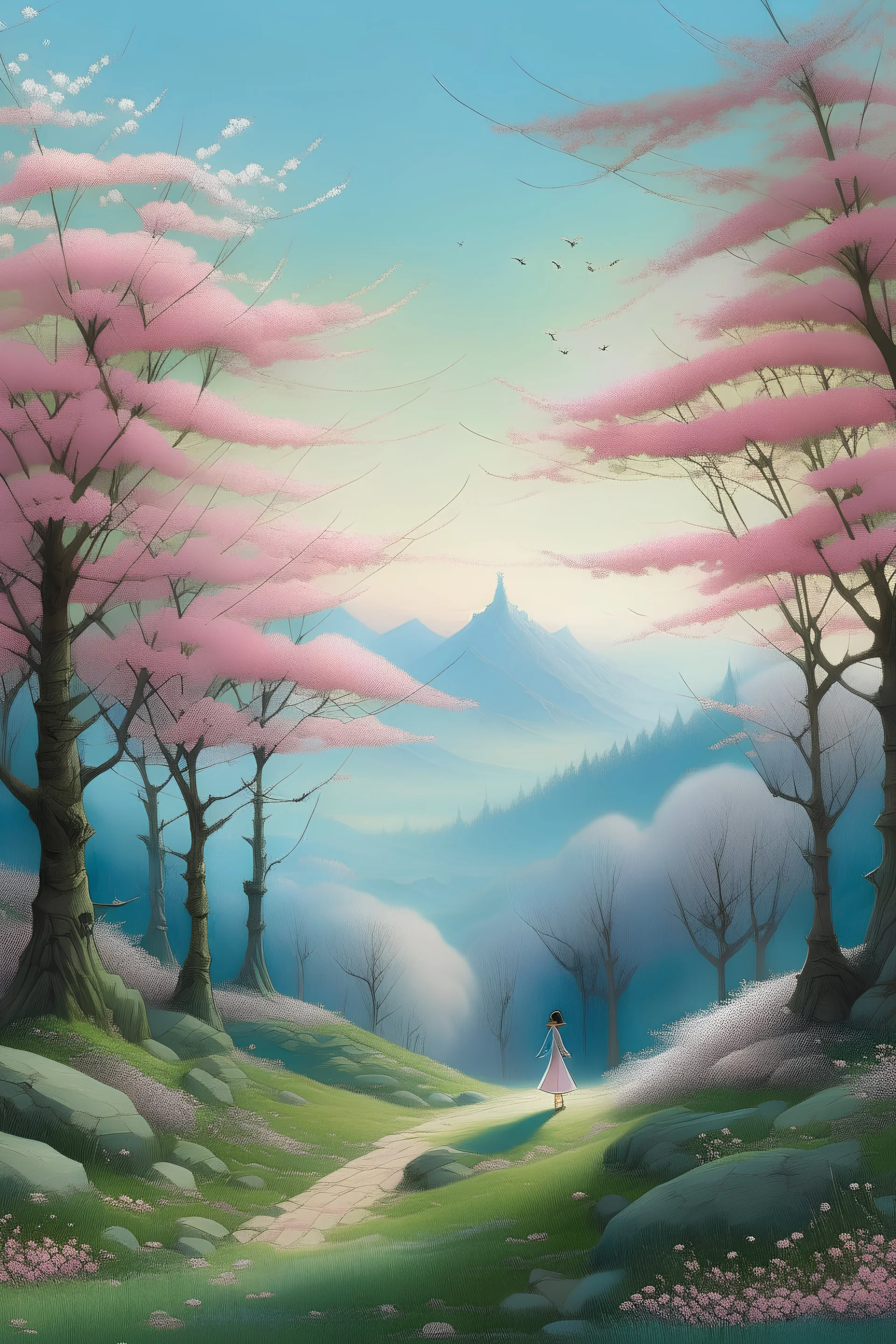The artwork depicts a tranquil forest scene with blossoming trees, winding pathways, and distant mountains. Amidst this serene setting, a figure stands at the forest's edge, gazing longingly towards the horizon. A single cherry blossom floats in the air, symbolizing the fleeting nature of life. The artwork evokes a sense of escapism and invites viewers to find solace in the beauty of imagination amidst life's challenges.