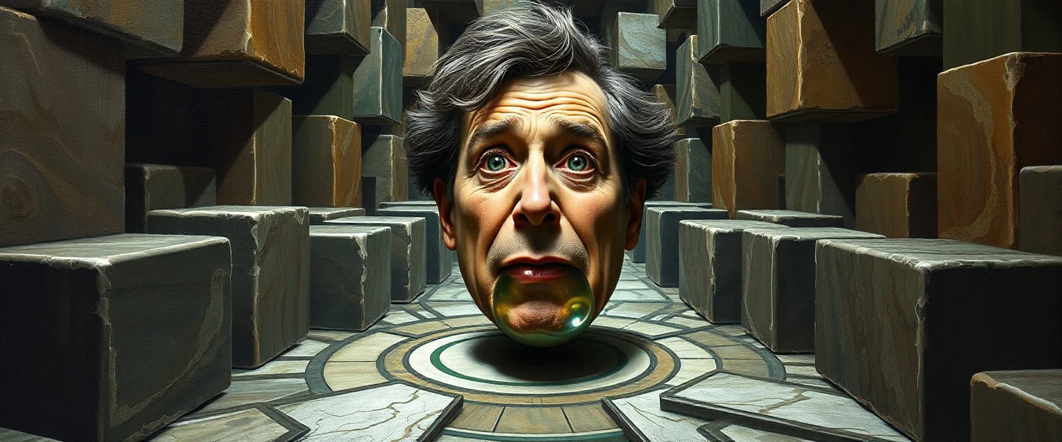 master oil painting by Rembrandt, marble madness main character portrait, a living bowling marble in a twisted block maze