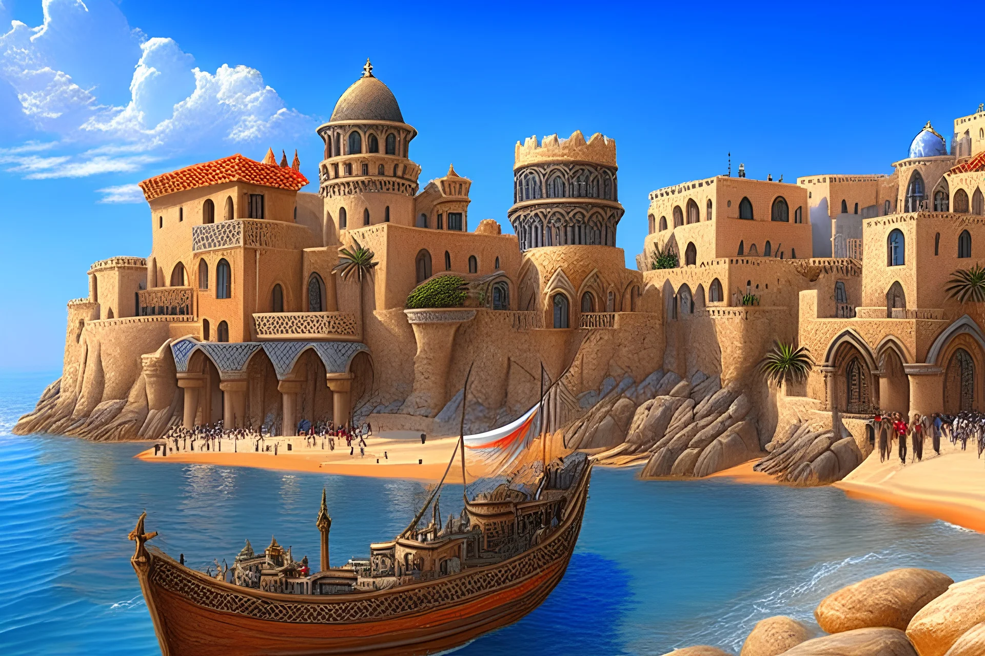 image taken of jaffa, by the sea shore, old stunning buildings, 4k, masterpice, award wining picture, realistic, higly detailed, in style of city of numemor from lord of the rings,