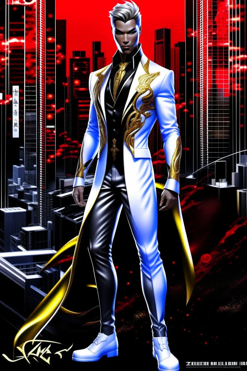 Striking hyper-realistic anime illustration of a powerful male protagonist, dressed in a white, red, black and gold outfit. Featuring obsidian patterns with gold details and the edges emit fascinating energy. Muscular physique accentuated with sleek lines and details. Futuristic cityscape background. Masterpiece of art that combines anime and science fiction aesthetics. Poster-worthy cinematic illustration. Full body