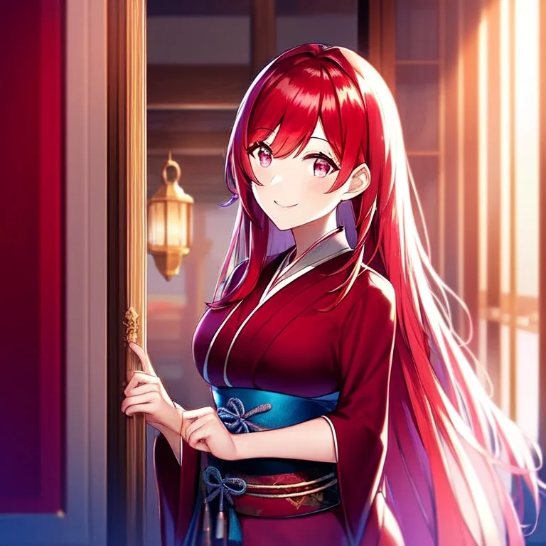 girl, masterpiece, best quality, volumetric lighting, detailed outfit, perfect eyes, long hair, red hair, pink eyes, obi, smile, indoors,