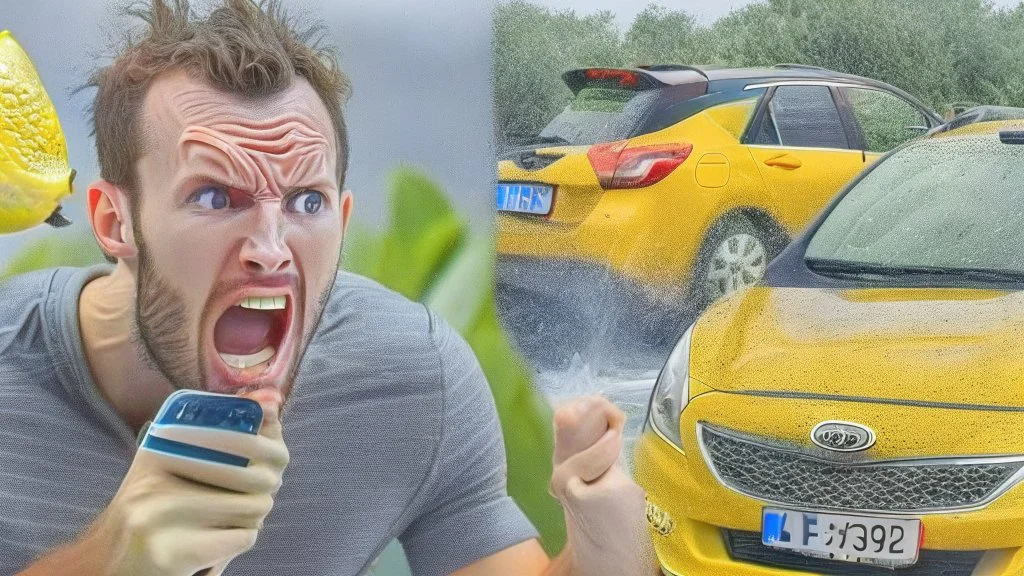 guy in hurricane arguing on phone next to his kia sportage made out of lemons