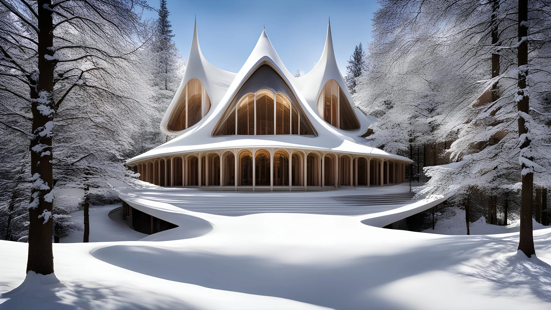 7195, rule of thirds, delightful, sensitive, confident, undulating sinusoidal theatre with pointed hyperbolic roofs, forest, delicate, thick snow, sunshine, symmetrical, exquisite architecture, innovative design, perfect symmetry, award-winning photograph, beautiful composition, filled with beautiful detail, delicate colour, chiaroscuro