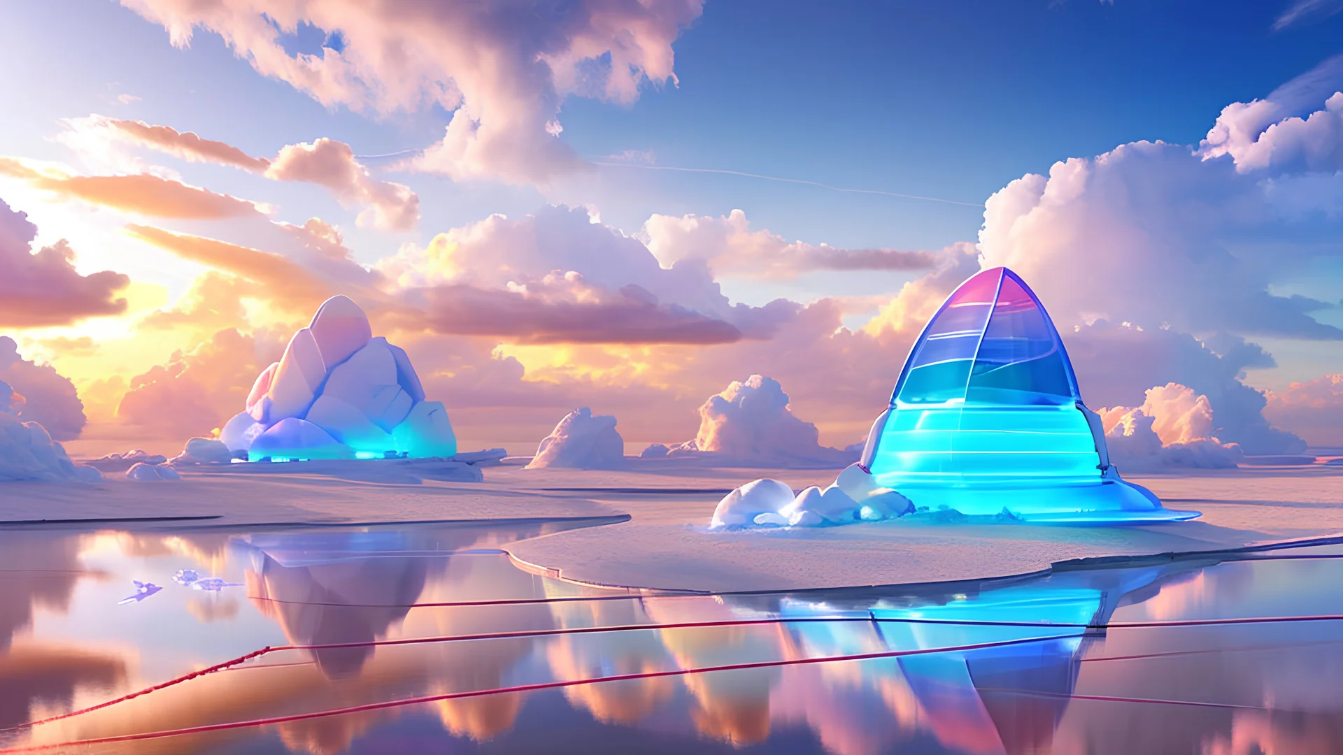 Spaceship high in sky, transparent, white lights bright and pastel bright gloss effect of a dream subtle, light , natural shapes concept, large transparent view of the open outdoor beach sea, crystals,light of sun, hibiscus flowers, tropical flowers,