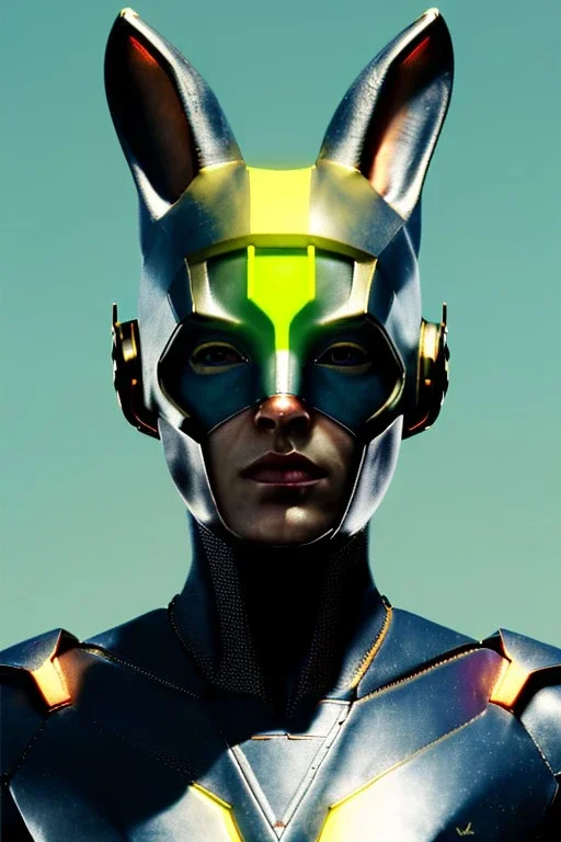 Medium Close Up Portrait, Front image. cyberpunk, rabbit mask, british woman, volcano hair. Latex suit army. white, yellow, color. Thor style. Color background, photo studio. Avatar image, highly detailed, concept art, smooth, unreal engine 5, ray tracing, RTX, lumen lighting, ultra detail, volumetric lighting, 3d, finely drawn, high definition, high resolution.