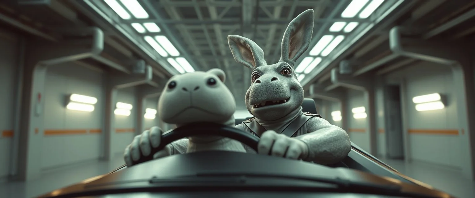 car driving happy 2d fluffy alien hippo bunny ogre man in the style of Escher and Giger and Fallout 4, pinhole cam, airbrush 3d rendering, on tv screen:A five-second cinematic single take in a clean industrial presentation hall.
