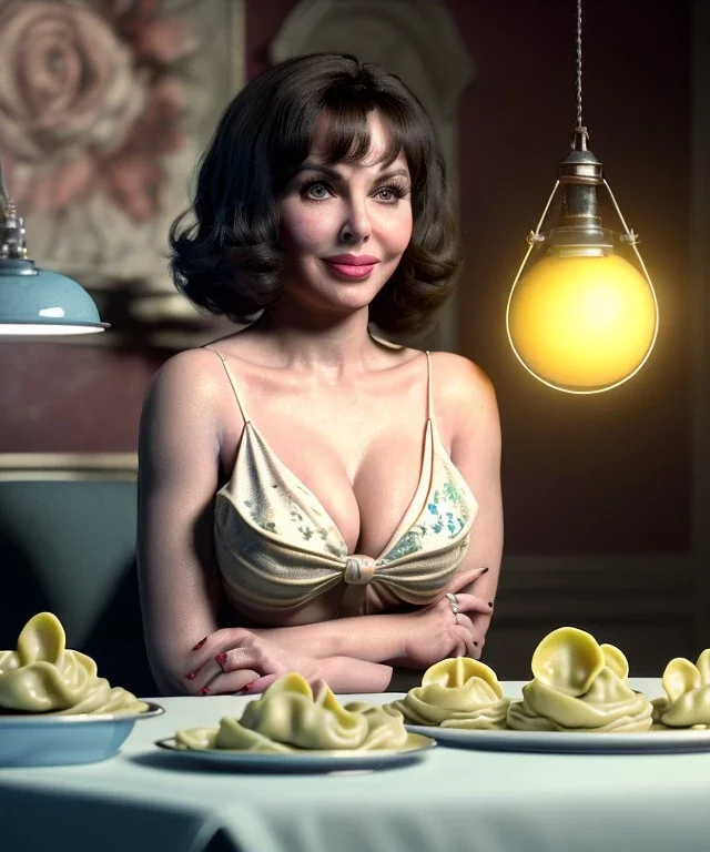 Ultra realistic photographic portrait, happy young Gina Lollobrigida woman sitting with arms resting on Italian kitchen table, pretty tortellini dish, classic style decoration, cold, soft color, highly detailed, unreal engine 5, ray tracing, RTX, lumen lighting, ultra detail, volumetric lighting, high definition.