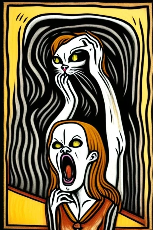 Cat holding her head with her hands. The scream Edvard Munch. Painting style of Edvard Munch