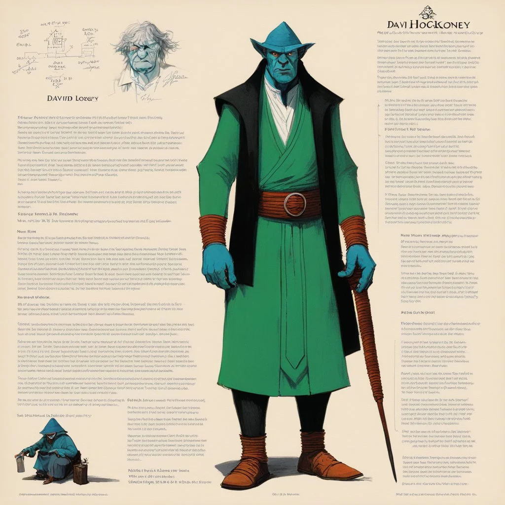 monster concept sheet with AD&D statistics and characteristics [art by David Hockney] Gangster-turned-Monk