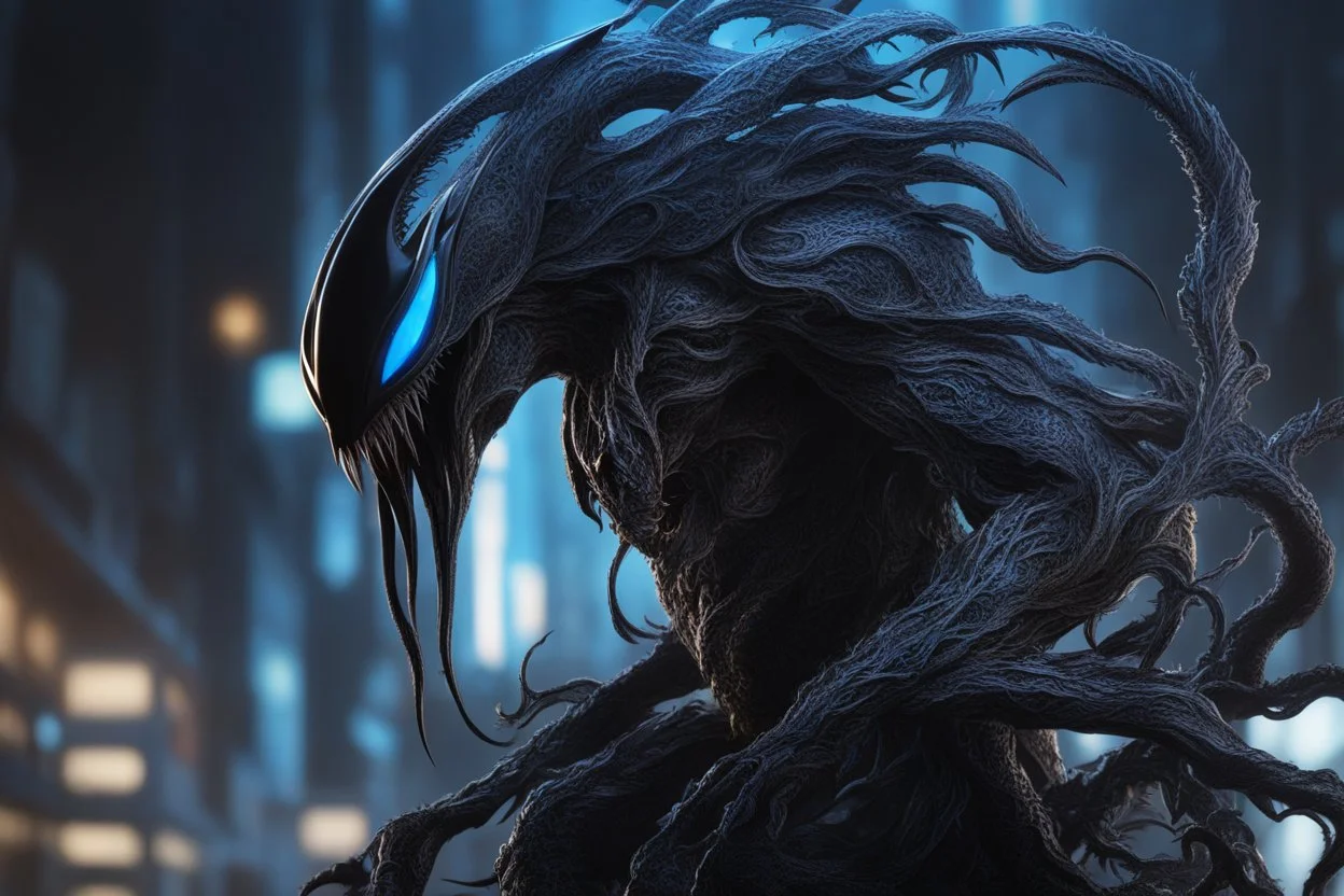 Huge symbiote in 8k solo leveling shadow drawing, Cthulhu model, neon blue lights, Chaos sea, intricate details, highly detailed, high details, detailed portrait, masterpiece,ultra detailed, ultra quality