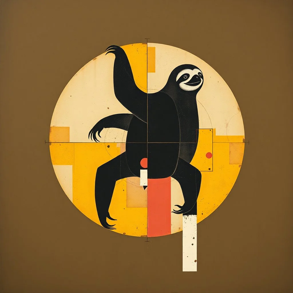 Vitruvian Sloth contrivance, abstract style by Colin McCahon and VS Gaitonde, mind-bending image, fragmented, subconscious deconstructivism, dull yellow and black and white and pastel red color scheme