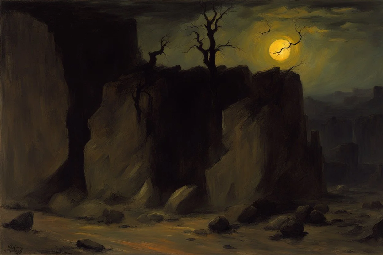 night, rocks, mountains, dry trees, gothic horror films influence, henry luyten and auguste oleffe impressionism paintings