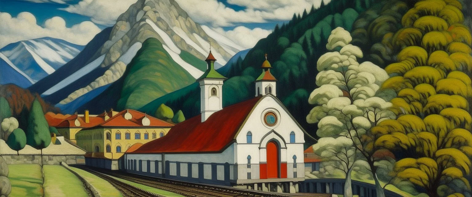 A white mountain with a train station painted by Paul Ranson