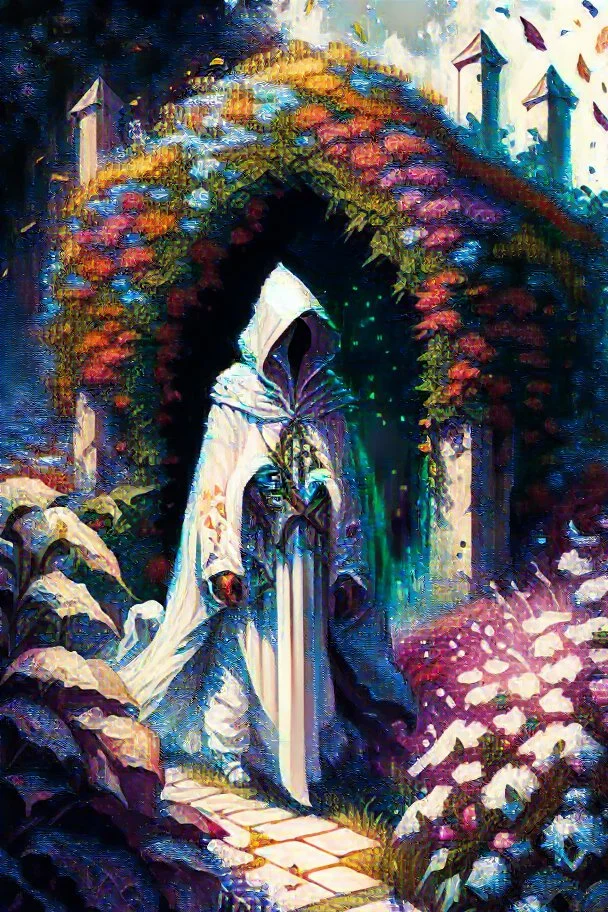 Castle hedge maze with multicolored flowers and hooded figure in white robes rpg art painterly