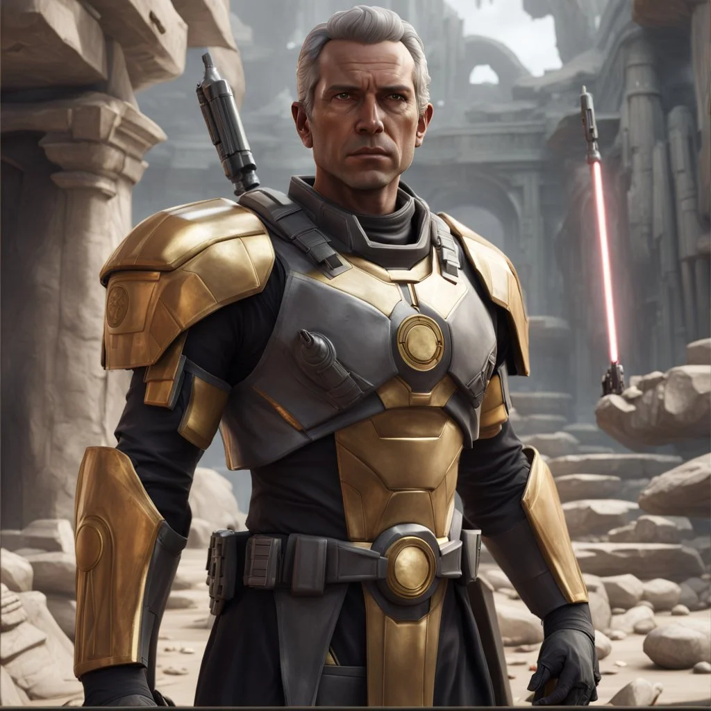 star wars bald male corellian pilot wearing pearlescent black and gunmetal grey First Order special forces heavy assault armor and helmet with gold trim inside the jedi temple, centered portrait, hyperdetailed, dynamic lighting, hyperdetailed background, 8k resolution, volumetric lighting, light skin, fully symmetric details