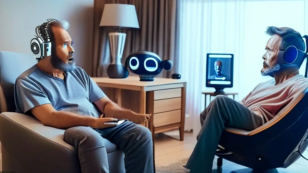 man sitting in his lazy boy chair at home argues with his AI clone that is in a different location over the phone