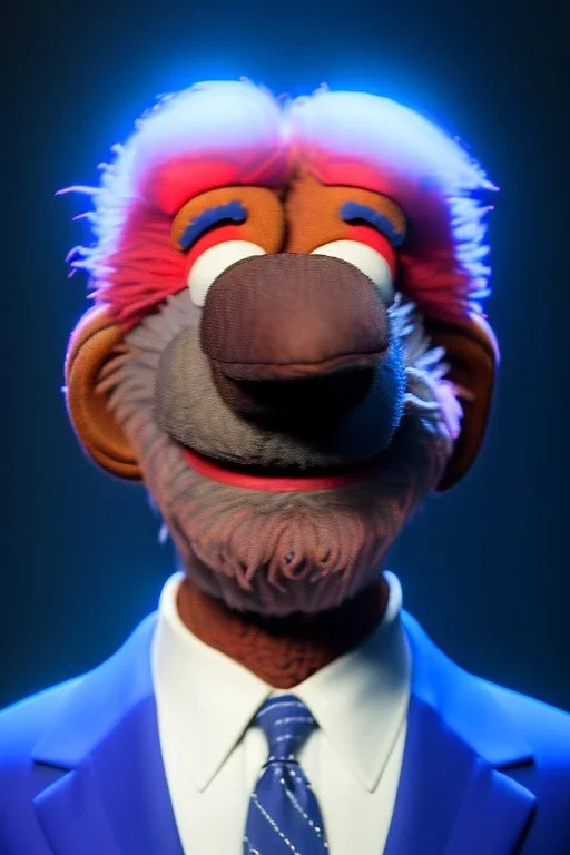 Waist up muppet Portrait, joe Biden as muppet doll, Blue suit retro style, photo studio, blue background, unreal engine 5, concept art, art station, god lights, ray tracing, RTX, lumen lighting, ultra detail, volumetric lighting, 3d.