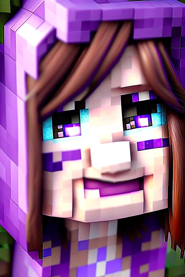 a close-up portrait of a purple Minecraft face, female,smile, cute,3d, large pixel style