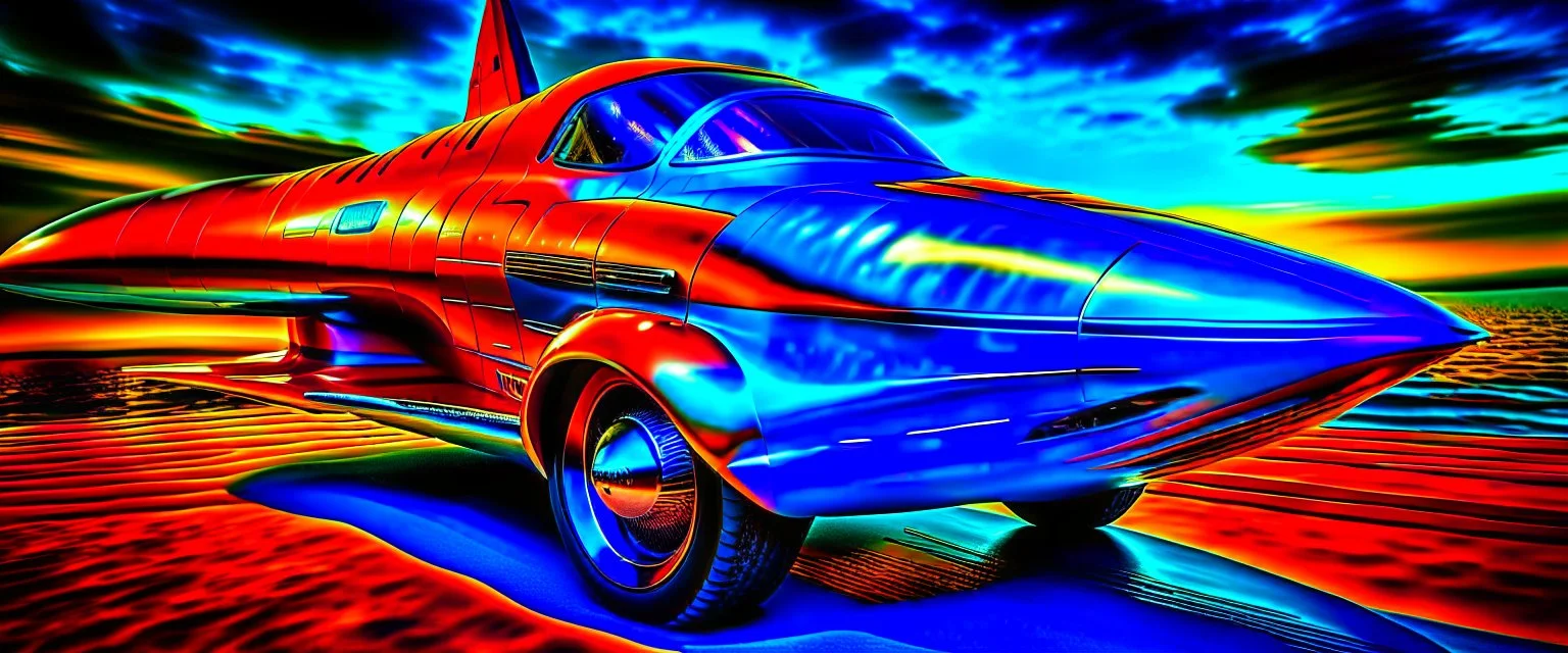 A national geographic award winning photograph of a military fighter jet station wagon wasp hybrid soviet retrofuturism designed by volkswagen only one vehicle per image painted metallic orange traveling at a high rate of speed, jet intake off of front center of vehicle and jet exhaust out the rear with bright blue flame