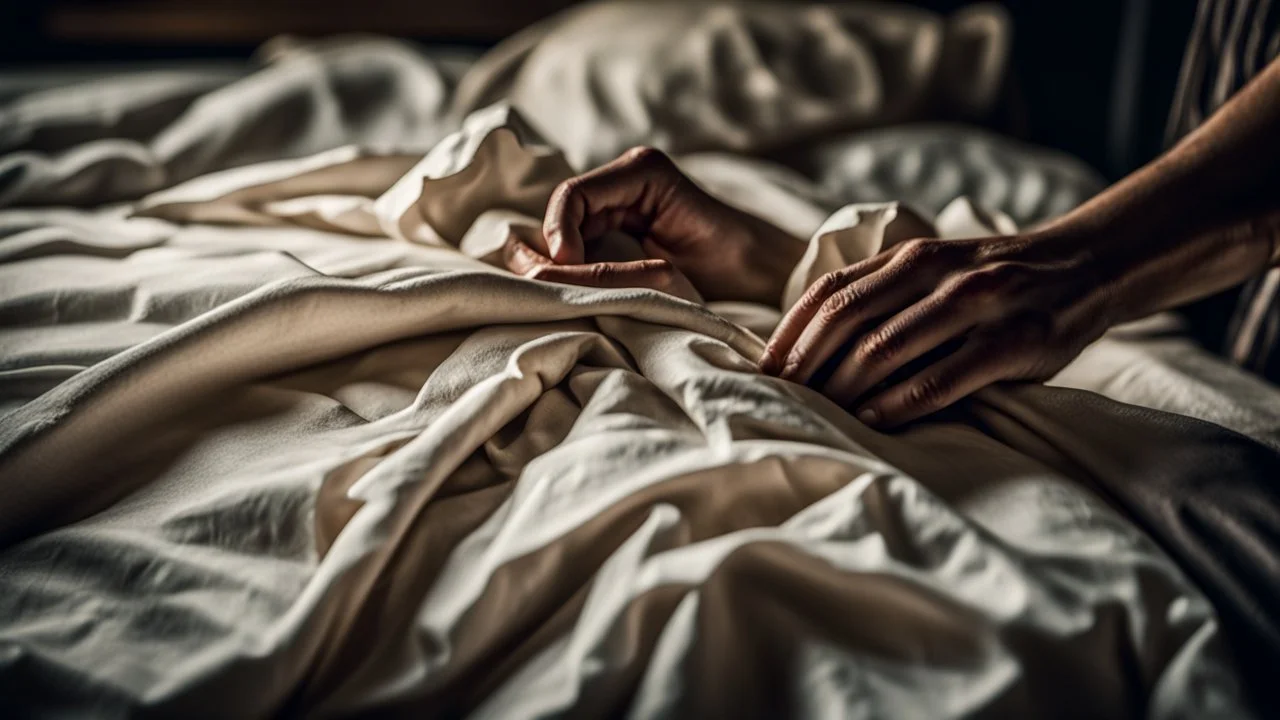 close-up photo of a thin female hand holding a crumpled old linen sheet close to her on the bed, old, village setting, low light, dramatic mood, high detailed, sharp focus, high realistic, thriller, perfect photo