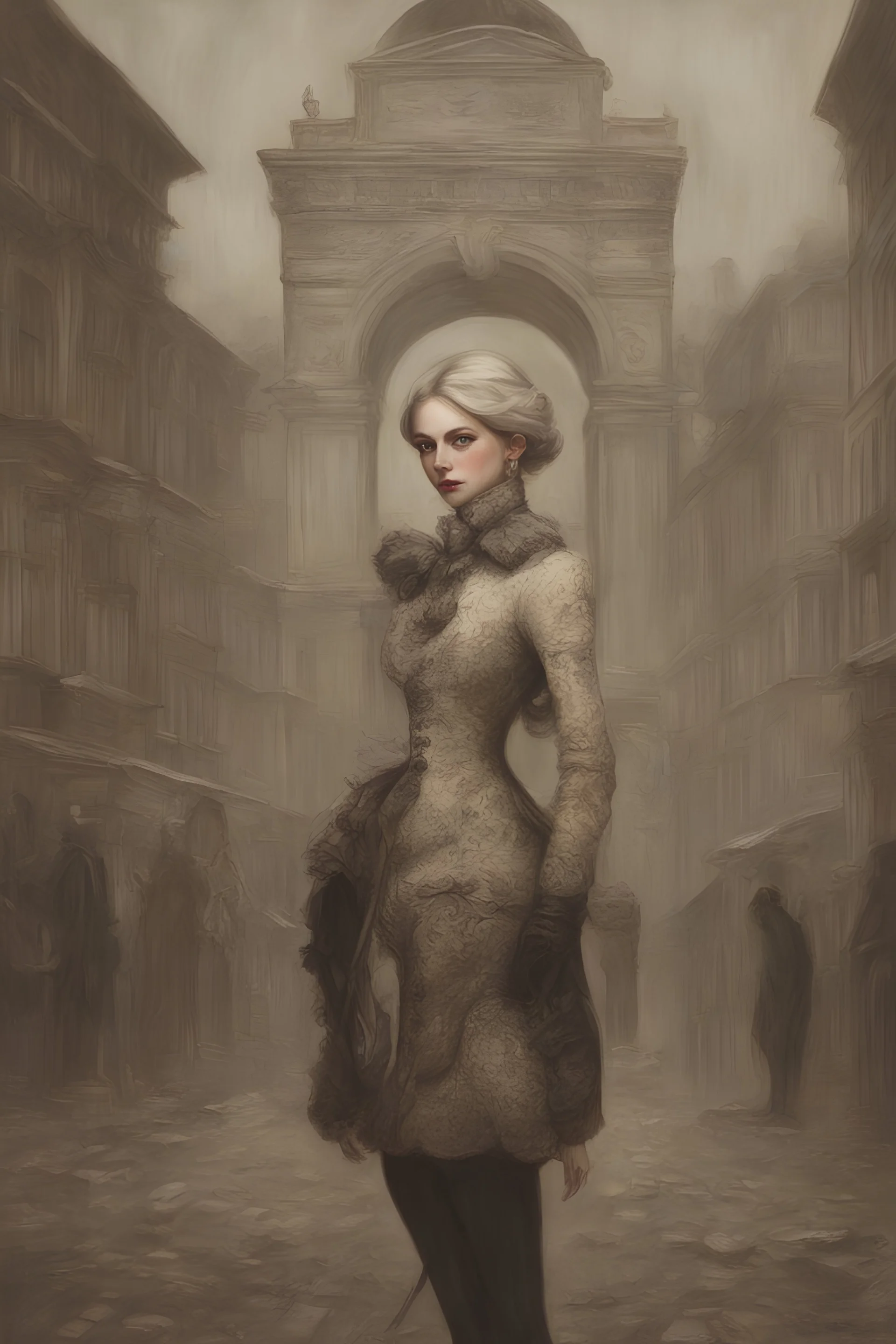 " Sigmund Freud's and Really young Alexandra "Sasha" Aleksejevna Lussin" fantasy bombshells Spain the 18th century fantasy bombshells oil paiting by artgerm display Tim Burton style in style In Freudian depth psychology, dream, symptom, anarchists in the background in city