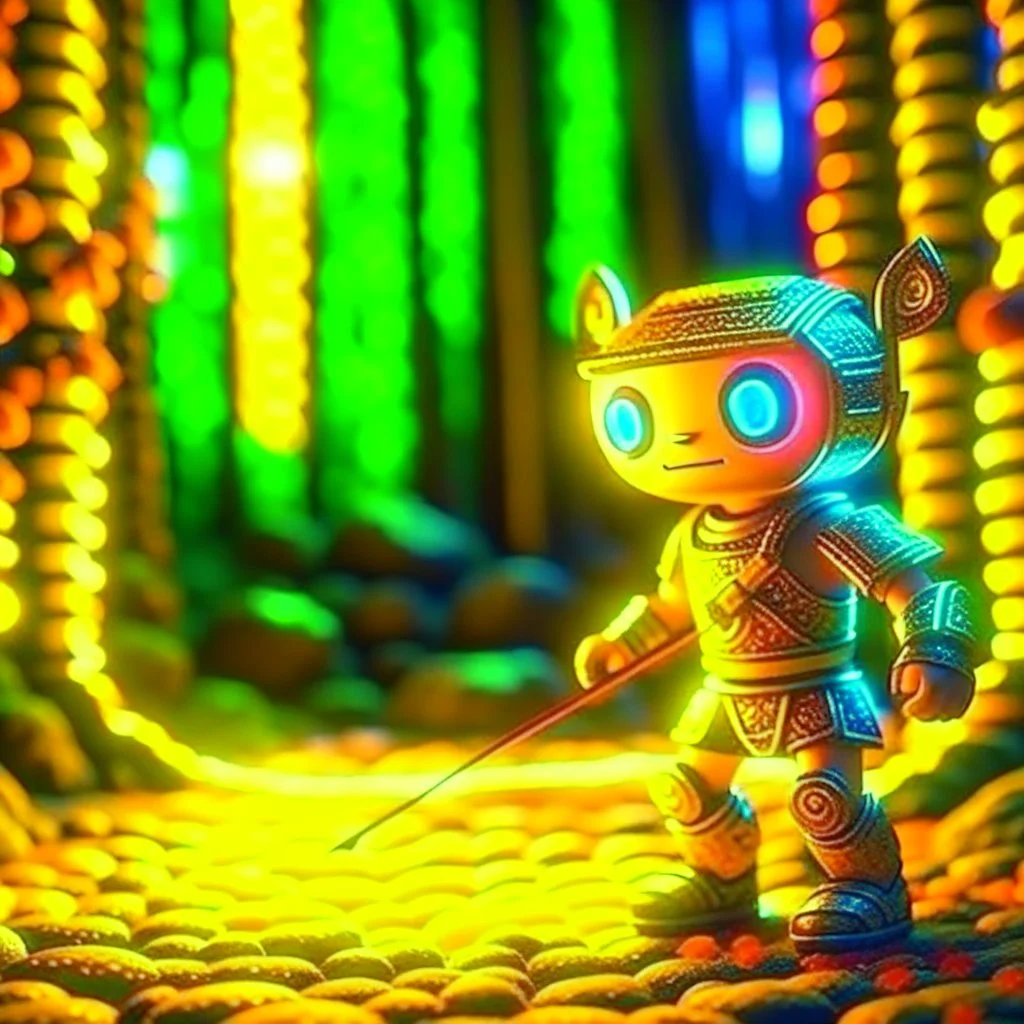 portrait of a cute chat robot shooting bow and arrow in the underground grove glowing light, in the style of escher, 8k, down-light, soft light, depth of field, photo realism, trending on art station, high detail,