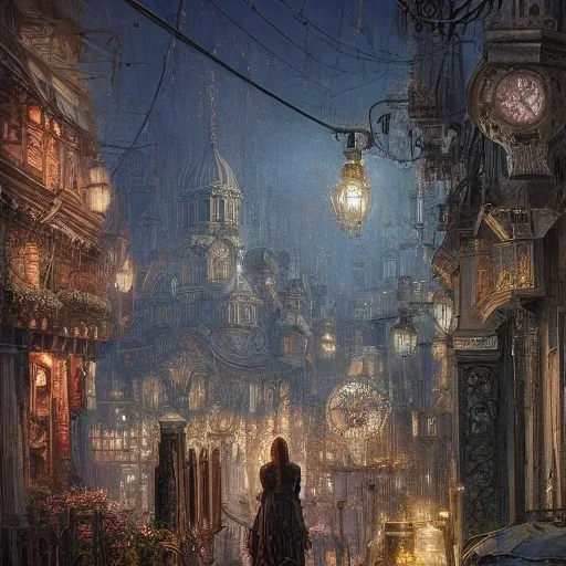 Insanely detailed photograph of an “portrait of gorgeous city” with intricate gears, intricate embroidered band, hyperdetailed painting by Ismail Inceoglu Huang Guangjian and Dan Witz CGSociety ZBrush Central fantasy art album cover art,8K, hdr, romantic, mysterious, ominous, flowers, jewelry, steam,oil,cafe