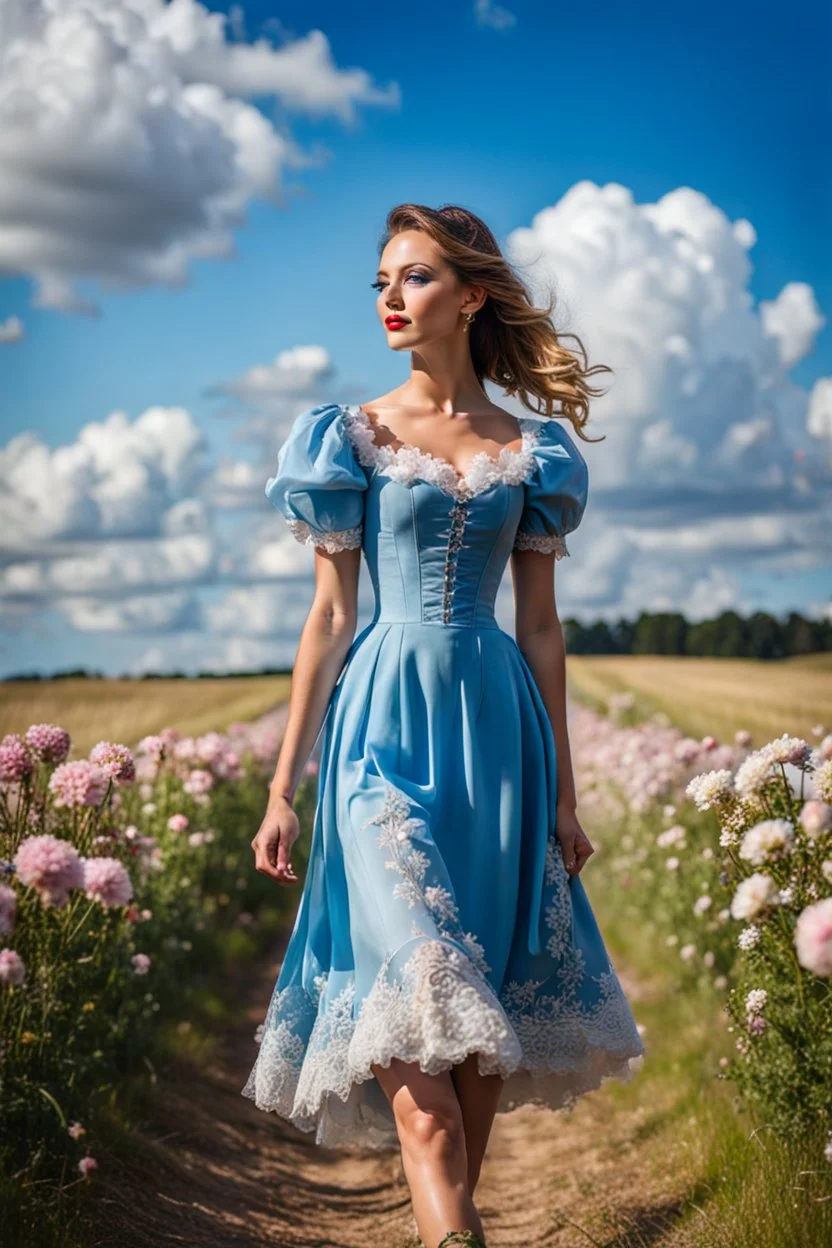 fullbody girl makeup wearing a victorian short dress walking in country side ,flowers ,pretty clouds in blue sky