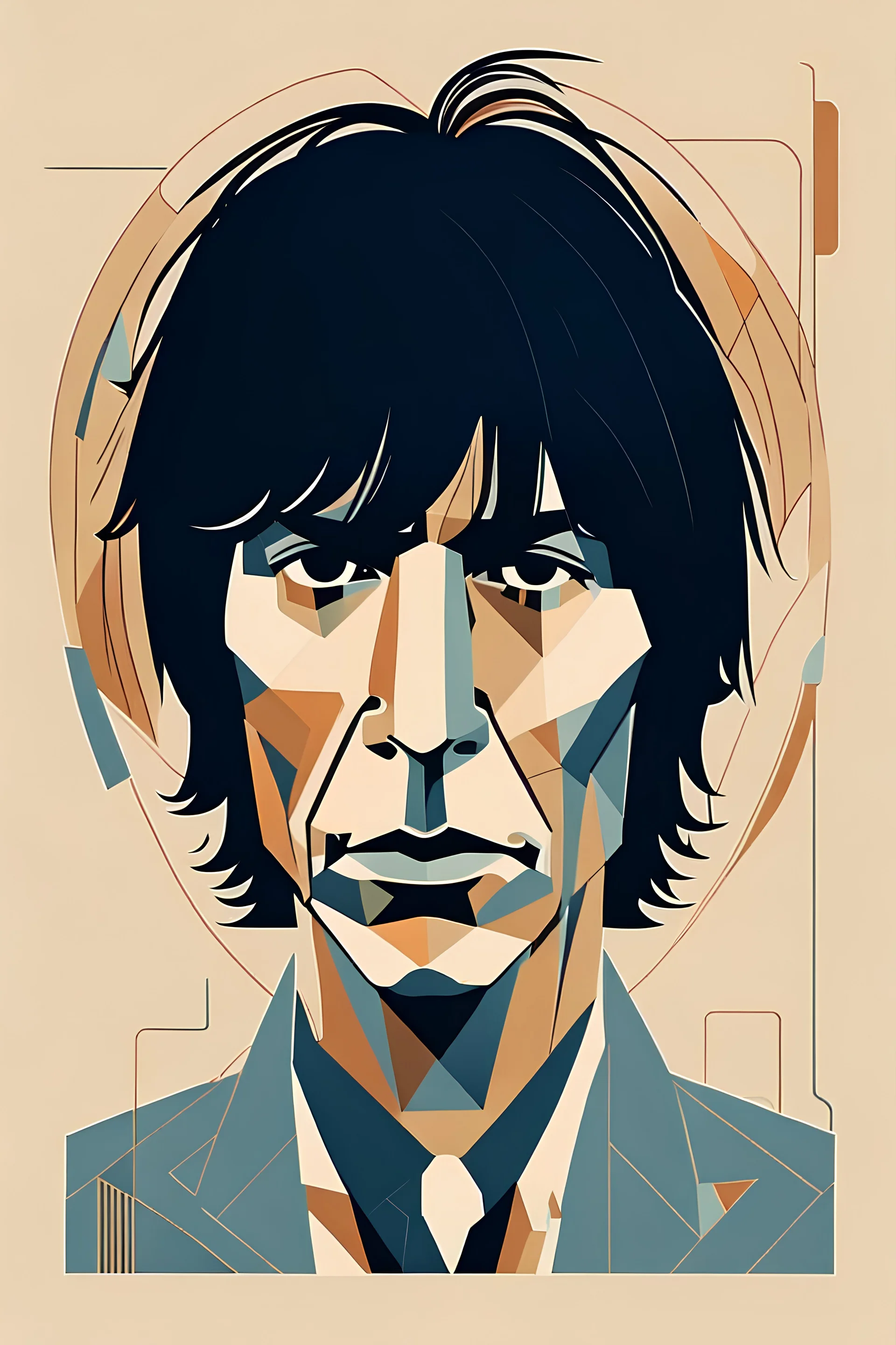 an abstract flat geometric portrait illustration of Jeff Beck with highly detailed facial features in the minimalist style of Willi Baumeister, Federico Babina and Petros Afshar, sharply drawn and finely lined, in subdued natural colors