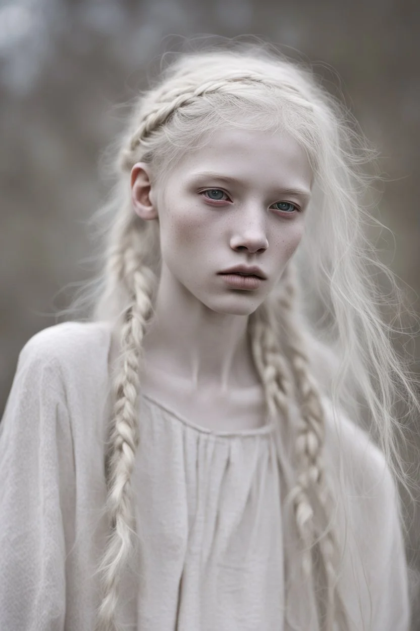 Emotive photographic image - stunningly beautiful, 15 year old albino girl chechen facial features anorexic. sickly, pale skin. blotches on skin. wild, very long, floor length, wavy wispy ghostly white hair in messy braids. ghostly white eyebrows and ghostly white eyelashes. lovely face, sculpted cheeks. beautiful, succulent, pale lips. barefooted. cinematic dynamic masterpiece, hyper realistic film still, beautifully detailed, soft lighting, ethereal, sparkle, beautifully lit, dramatic lighting