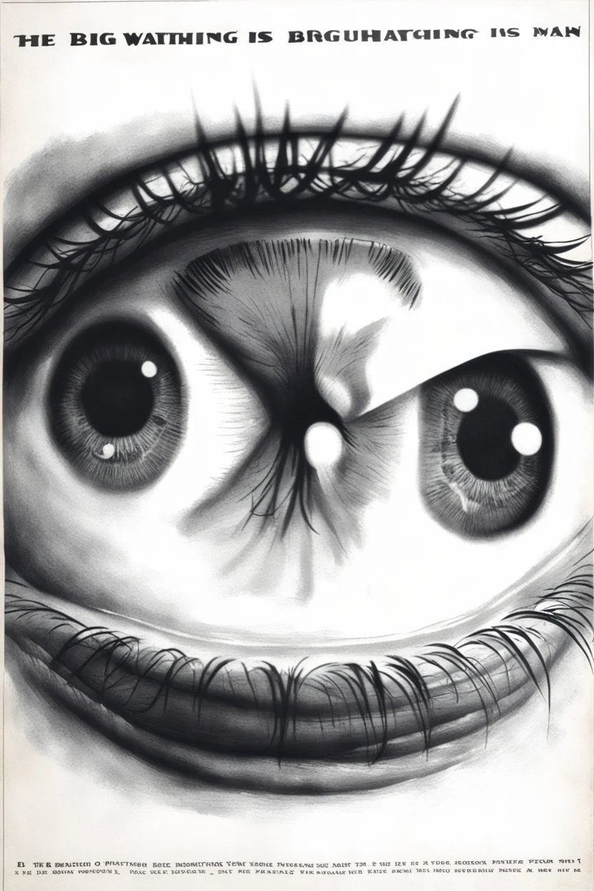 an old poster with the words"BIG BROTHER"(across top), the staring face of a man(middle, facing viewer), text "IS WATCHING"(across bottom), wwii era 1984 propaganda black and white printed poster on old paper