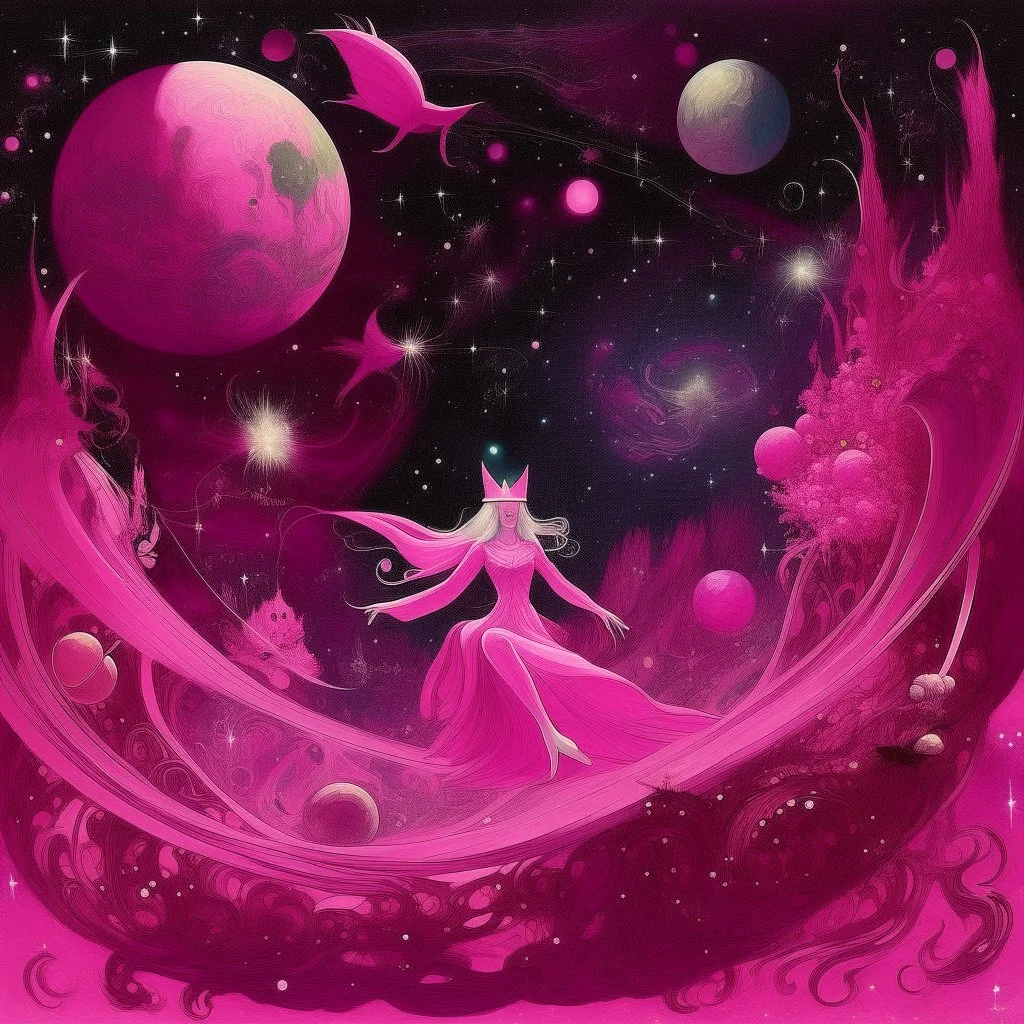 A pinkish magenta psychic fairy kingdom in a galaxy with stars and planets painted by Leonardo da Vinci