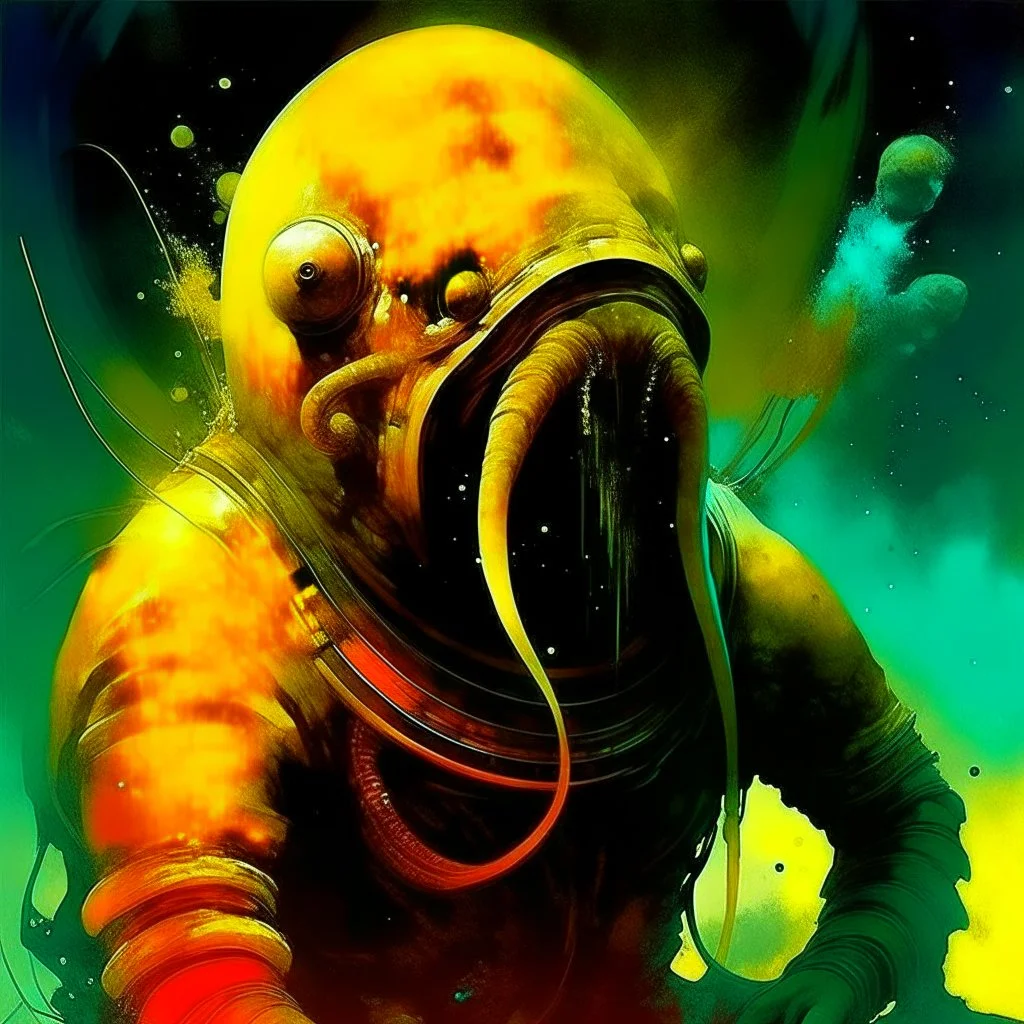 colossal anthropomorphic lovecraftian walrus cosmonaut, abstract surreal horror, by Dave McKean and Arthur Secunda and Stephen Gammell, acid wash mind-bending illustration; asymmetric, neon dark shine burn, atmosphere guided by N(t)=N0​⋅e−kt