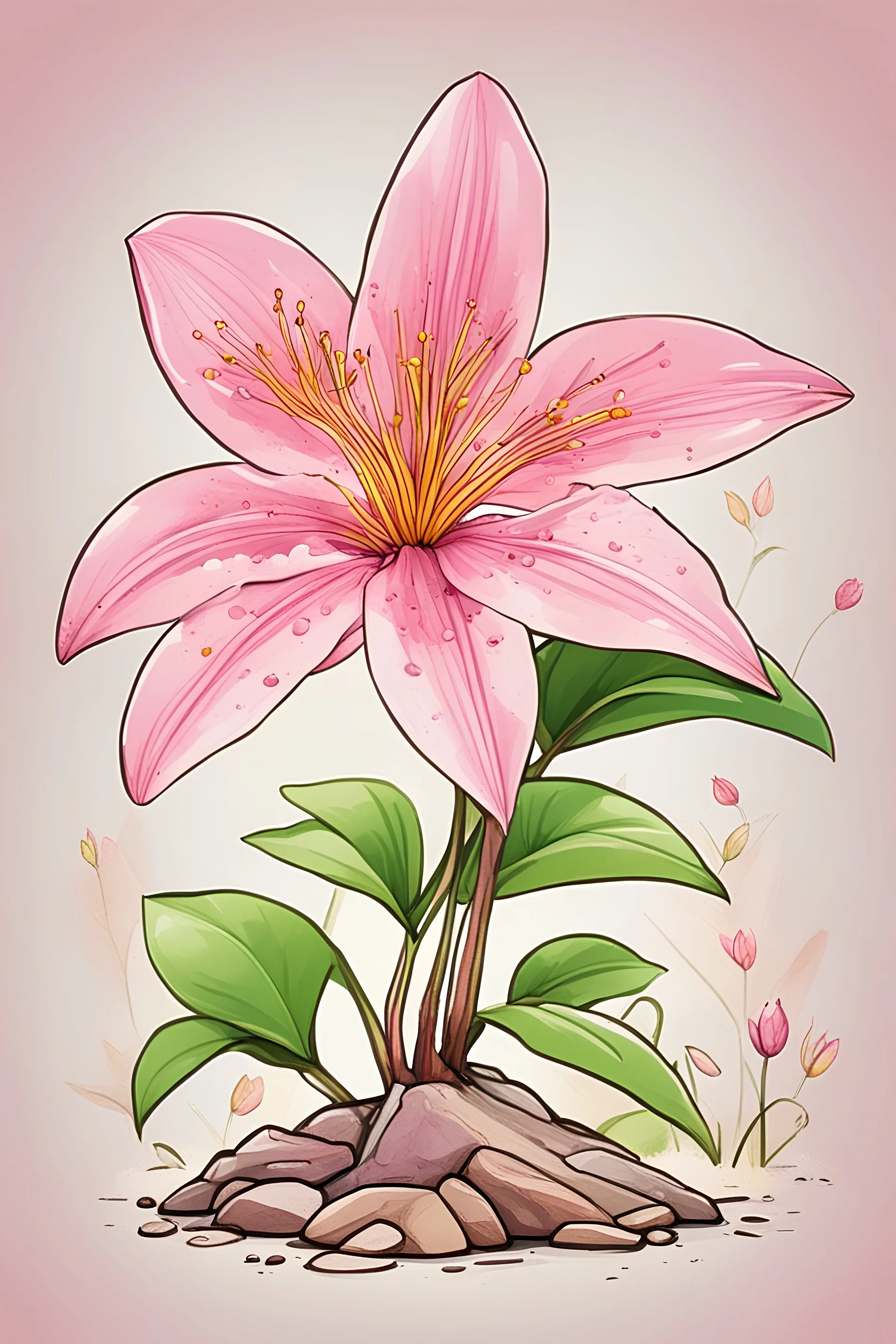 a pink rock lilly tree in a breezwe, kawaii style cartoon coloring page for kids, cartoon style, clean line art low detailed, no background, no shadow, white and black, no grey, monochrome, coloring book, sketchbook, rrealistic sketch, free lines, on paper, characture sheet, 8 kit a clarity and clean appeaerance, 8k