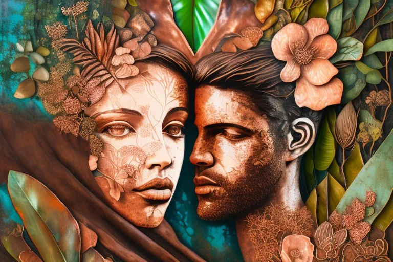 double exposure caricature of a brasilian rainforest, flowers, waterfall loving couple Heart and love: magical ethereal nature, copper patina, desaturated neutral tones on burlap, dramatic impasto composition that brakes down the boundaries between an effective combination of concept, vision and mastery of medium (Georges Braque:0.7), (Fernand Leger:0.3), set in front of vivid background by Pablo Picasso S<AI watercolor and ink, oil on canvas, reflection, mist, sunshine