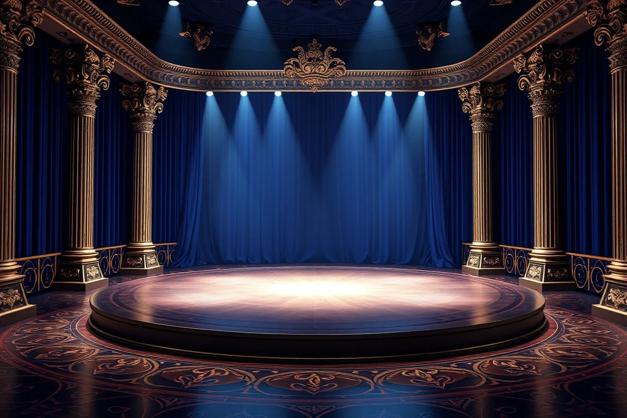 image of a Royal stage with 3d fractal base decoration with large dance area in dark blue teme