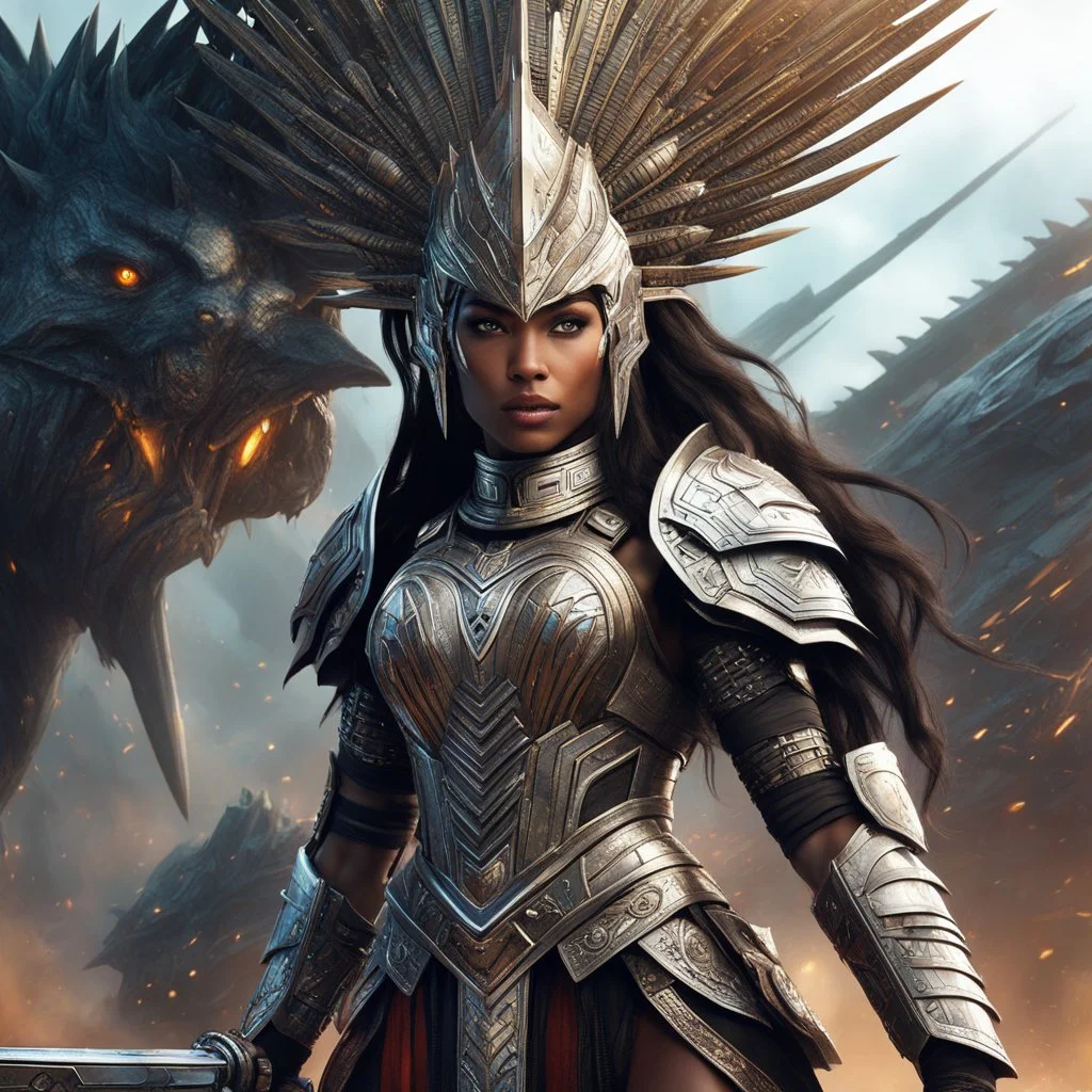 hold by an artificial intelligence escapes her spaceship Bigger! Wilder! Whoa! You will do what you always do. Hand in the art right when they need it. Too late to change. Imagine a futuristic world, a digital art masterpiece come to life. A female warrior, clad in intricate tribal armor adorned with menacing spikes, stands tall holding a firearm that blends ancient tribal design with advanced technology. Her eyes, a reflection of the artificial intelligence within her, exude determination and
