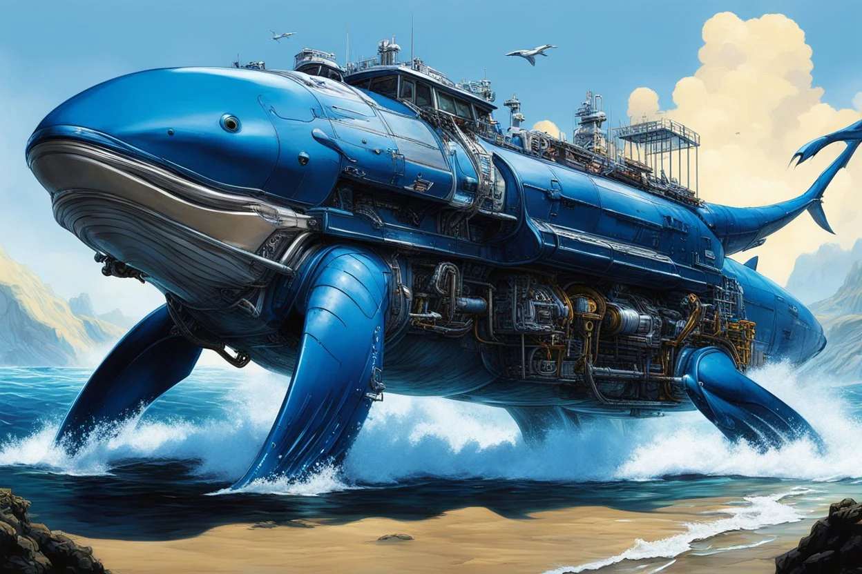 (in the style of Orion, by Masamune Shirow) Optimized Prompt A hyper-realistic, 35mm photograph of a biologically fused creature-vehicle hybrid, combining the morphology of a humpback whale with a vintage, custom-built, heavy-duty industrial diesel-powered amphibious cargo truck. The creature-truck is traversing a chaotic, neon-drenched desert highway at dusk, kicking up a trail of glowing dust under a spiraling, tie-dye sky. The "whale" forms the bulk of the vehicle's cabin and cargo hold, its
