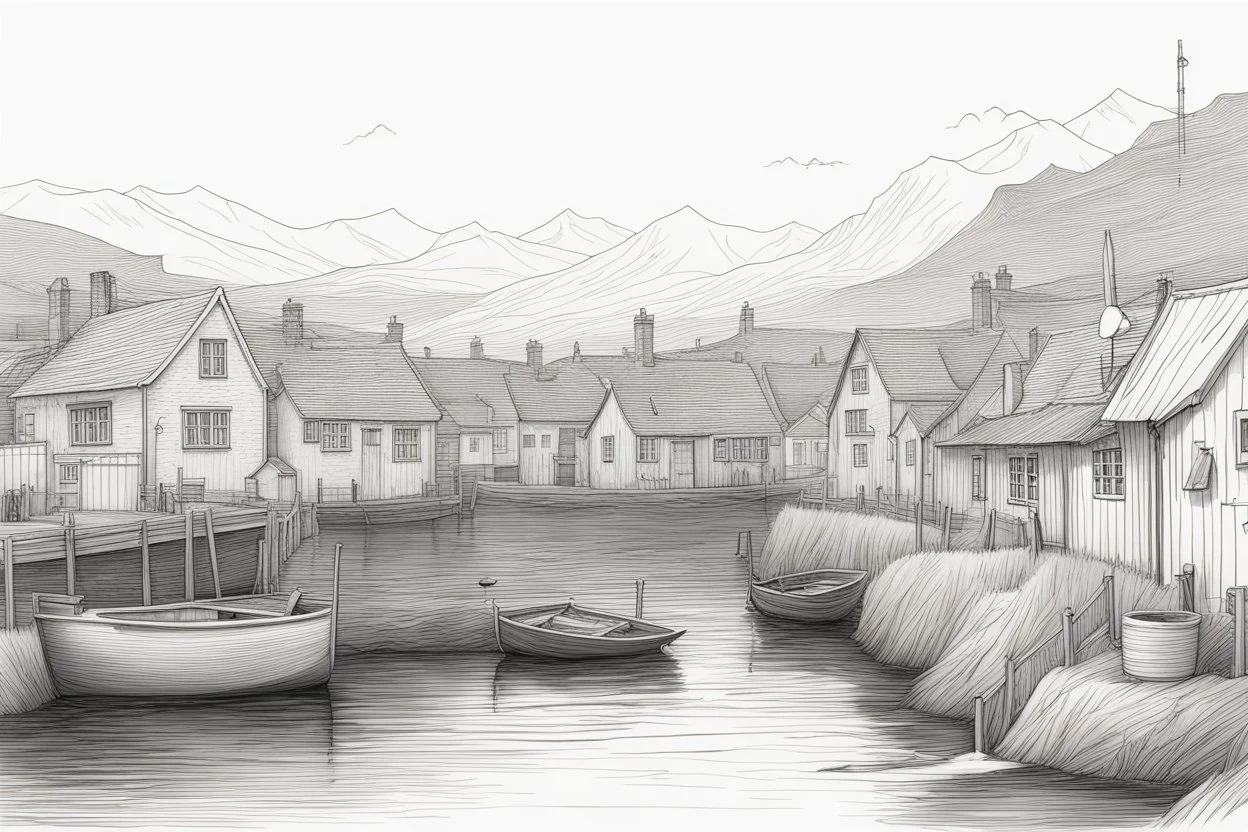 English fishing village light hb pencil line art minimalist