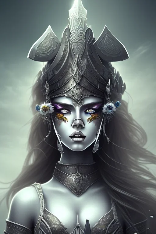 lady warrior with white top and black eyes and flower