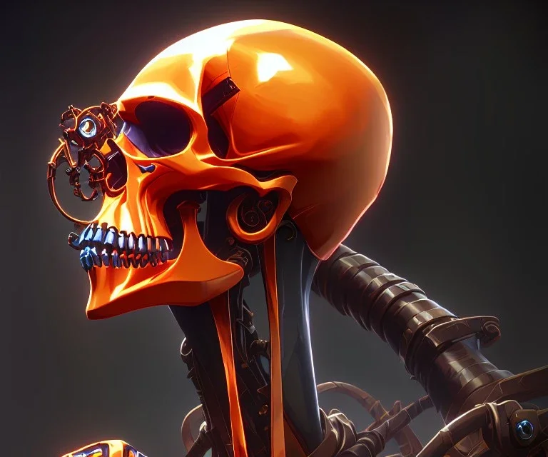 a clamp tool gripping a skull, color metallic orange striped construction, robotic arm ending in clamps, Phyrexian background