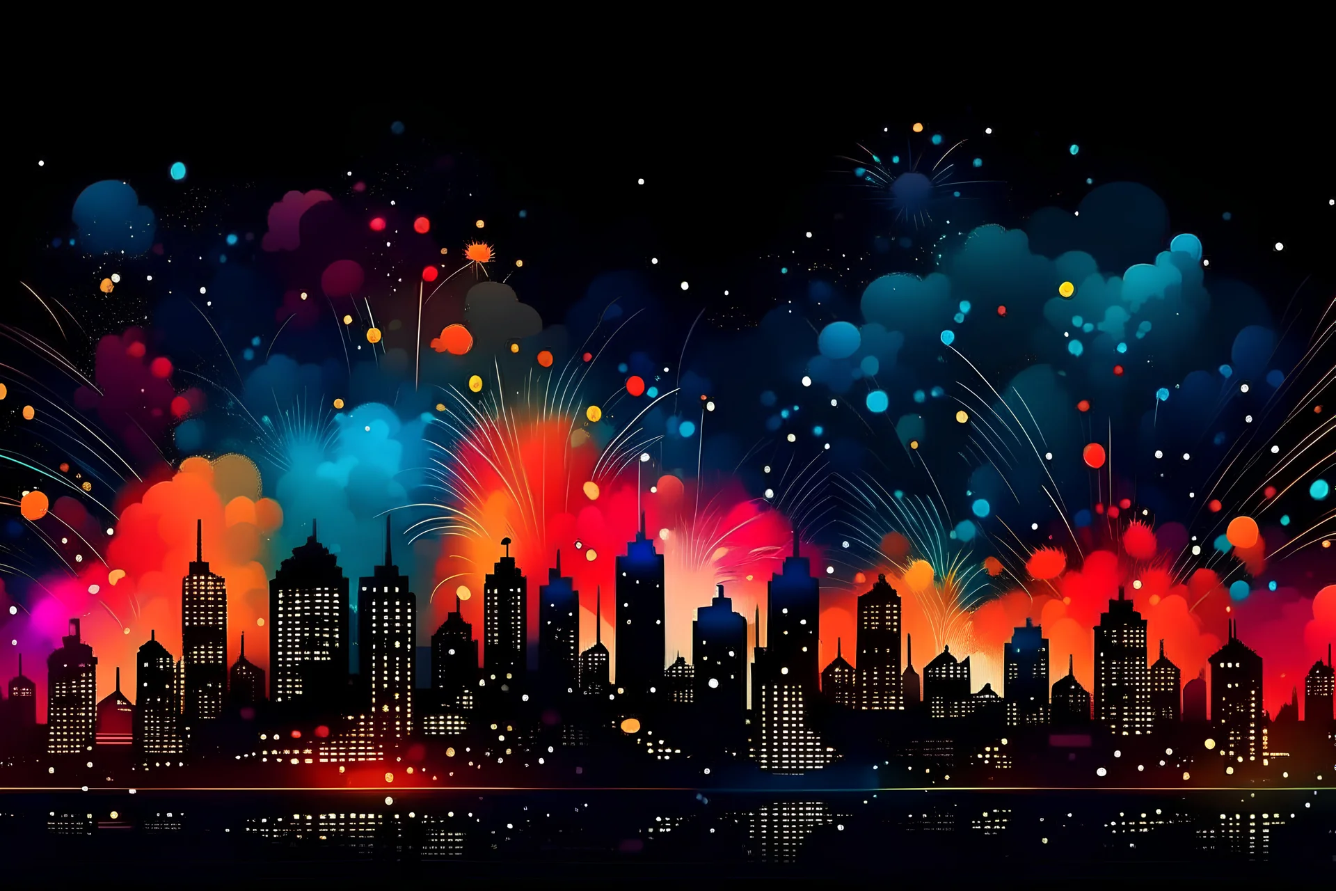 Generate a vibrant, cartoon-style image depicting a dark night sky illuminated by colorful fireworks bursting in celebration. Include a distant city skyline with tall buildings silhouetted against the bright display.